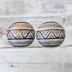 Vintage Clip On Earrings Domed Circle with Multi Colored Zig Zag Design